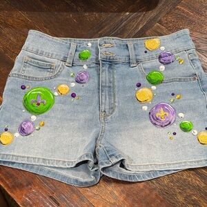 MARDI GRAS Embellished Denim Shorts with Colorful Accents NEW!
